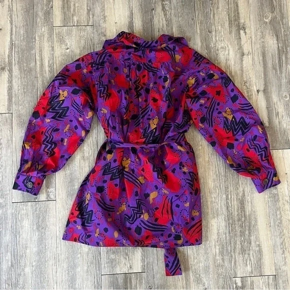YVES Saint Laurent Vintage 1990s Purple Red Abstract Belted Shirt Jacket Dress - Picture 6 of 11